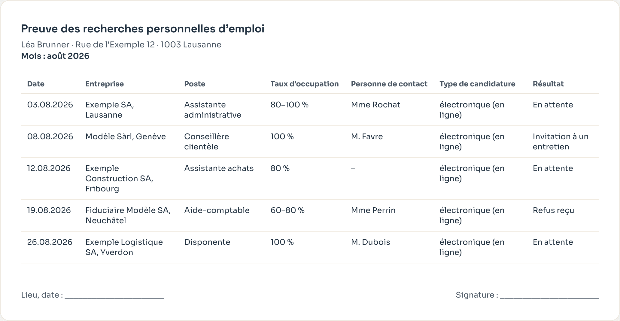 Exemple : justificatif ORP généré par Jobwing – récapitulatif mensuel imprimable « Preuve des recherches personnelles d'emploi » avec cinq candidatures fictives